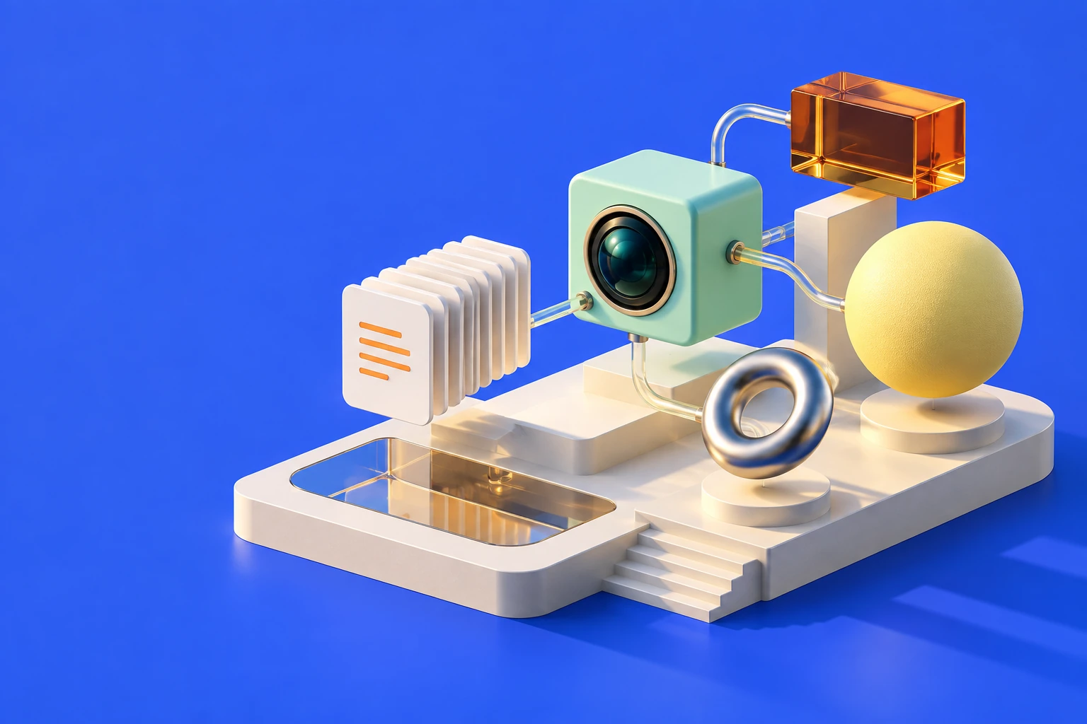 A sculptural AI workflow with a mint agent core, floating documents, amber glass, and a chrome ring