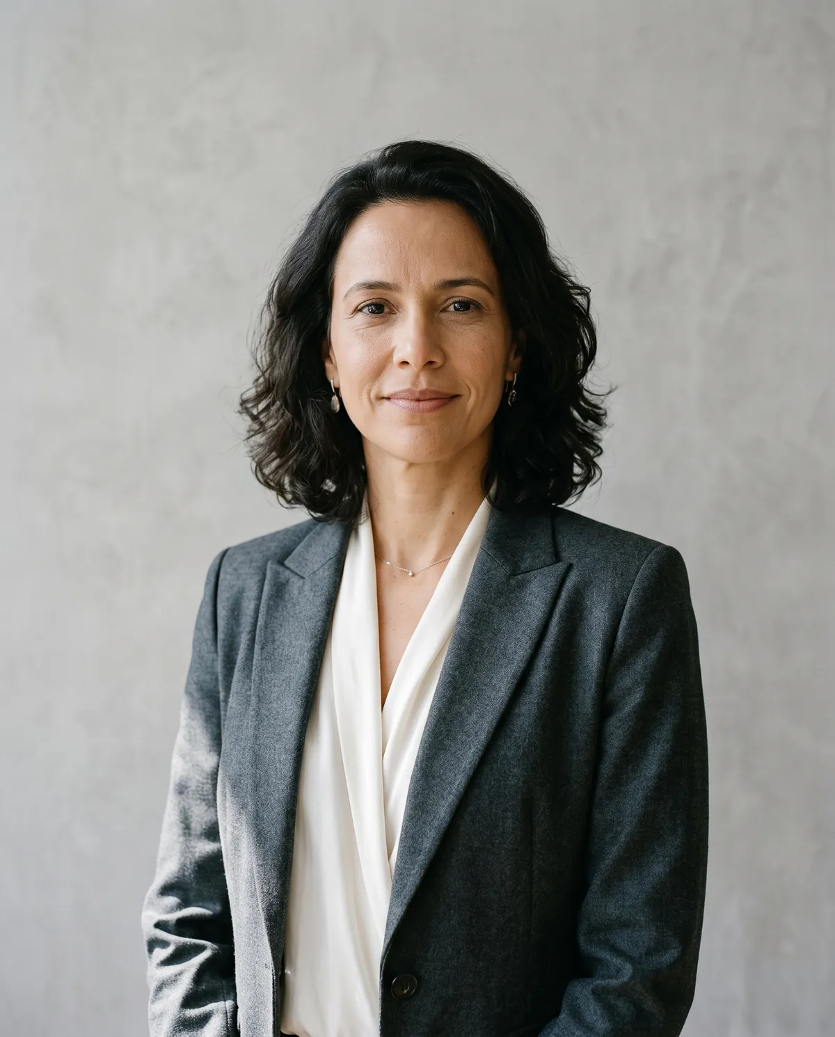 Retrato de Helena Prado, sócia fundadora, de blazer cinza