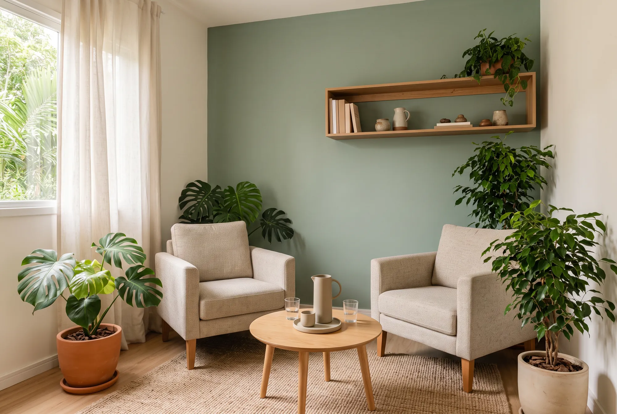 Consultório com duas poltronas claras, mesa redonda de madeira com jarra d'água, plantas e parede verde-sálvia