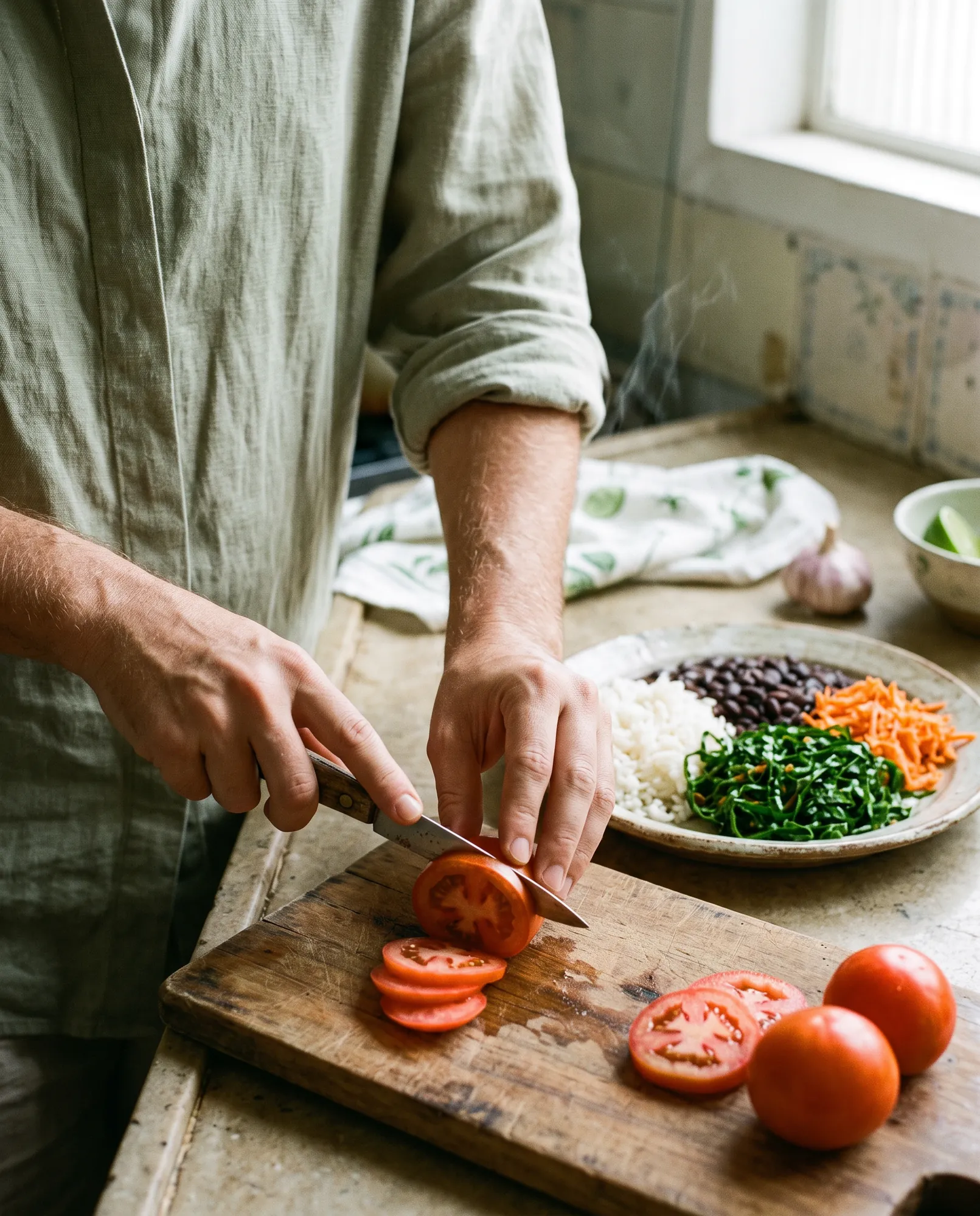 Mãos fatiando tomates numa tábua de madeira ao lado de um prato com arroz, feijão, couve e cenoura ralada