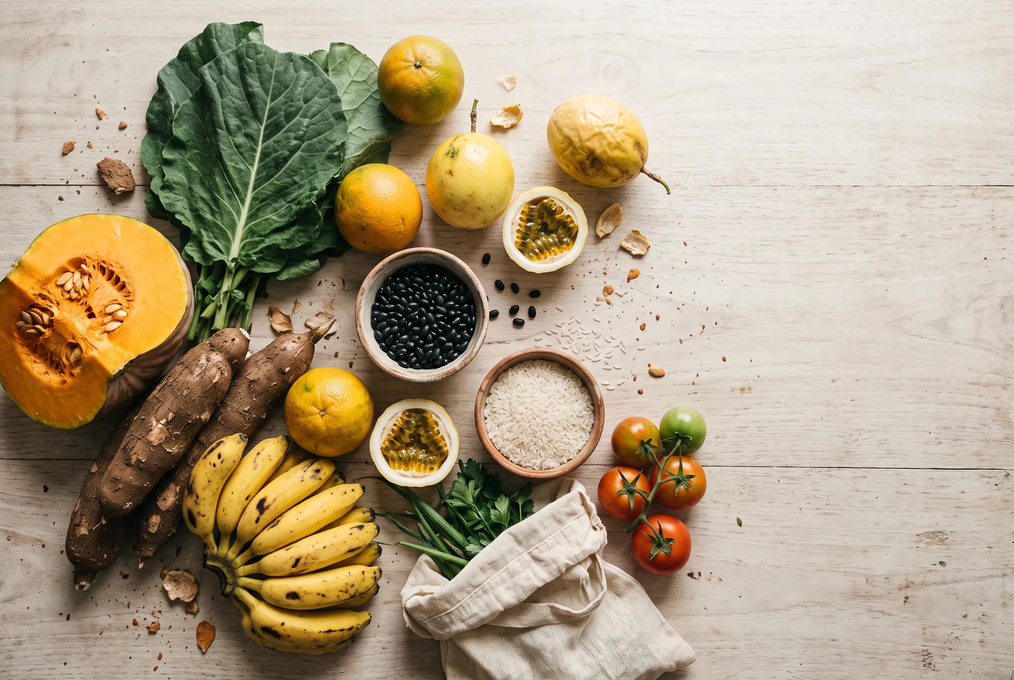 Mesa de madeira com abóbora, mandioca, couve, bananas, laranjas, maracujá, feijão e arroz em potes de cerâmica