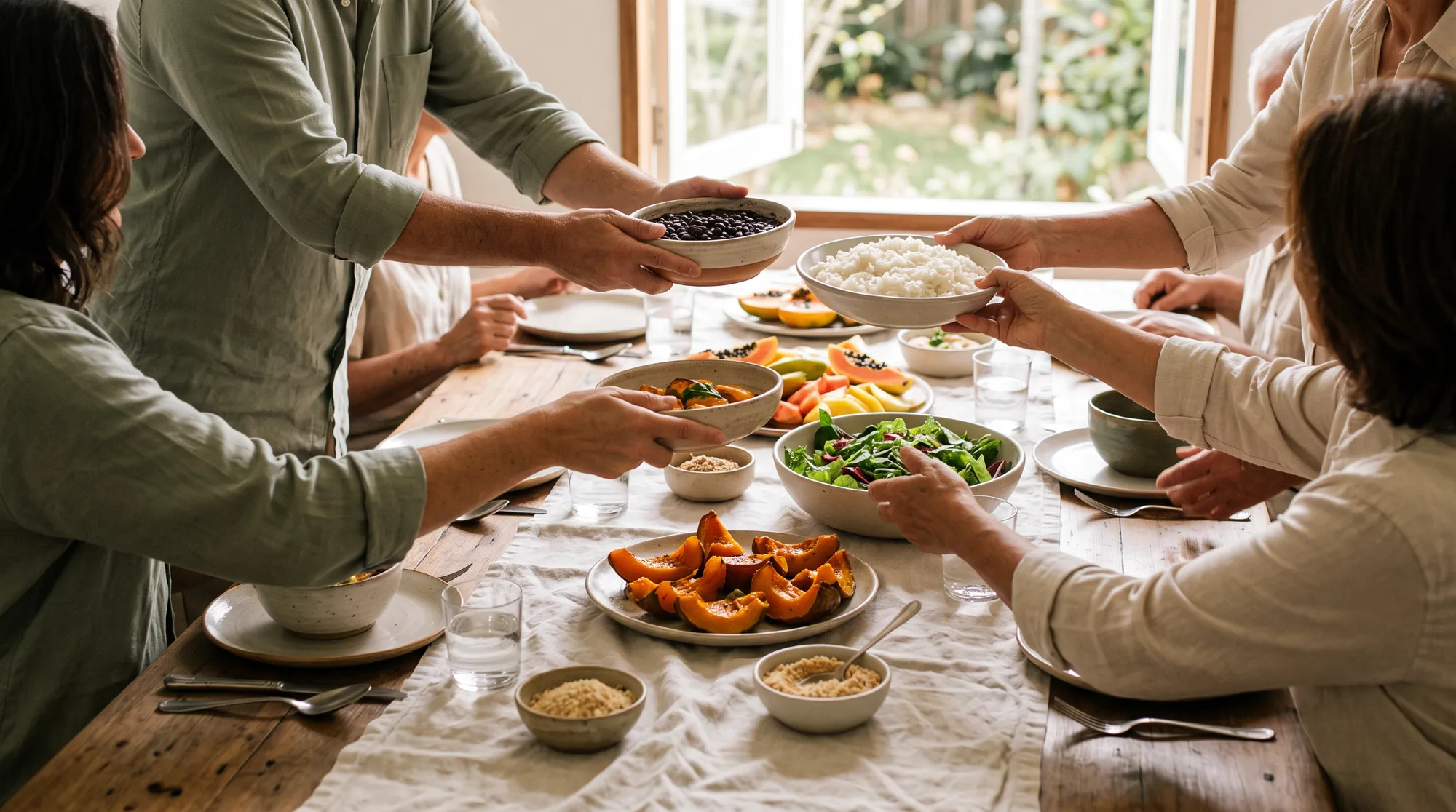 Família compartilhando um almoço com arroz, feijão, abóbora assada, salada e frutas numa mesa de madeira perto da janela