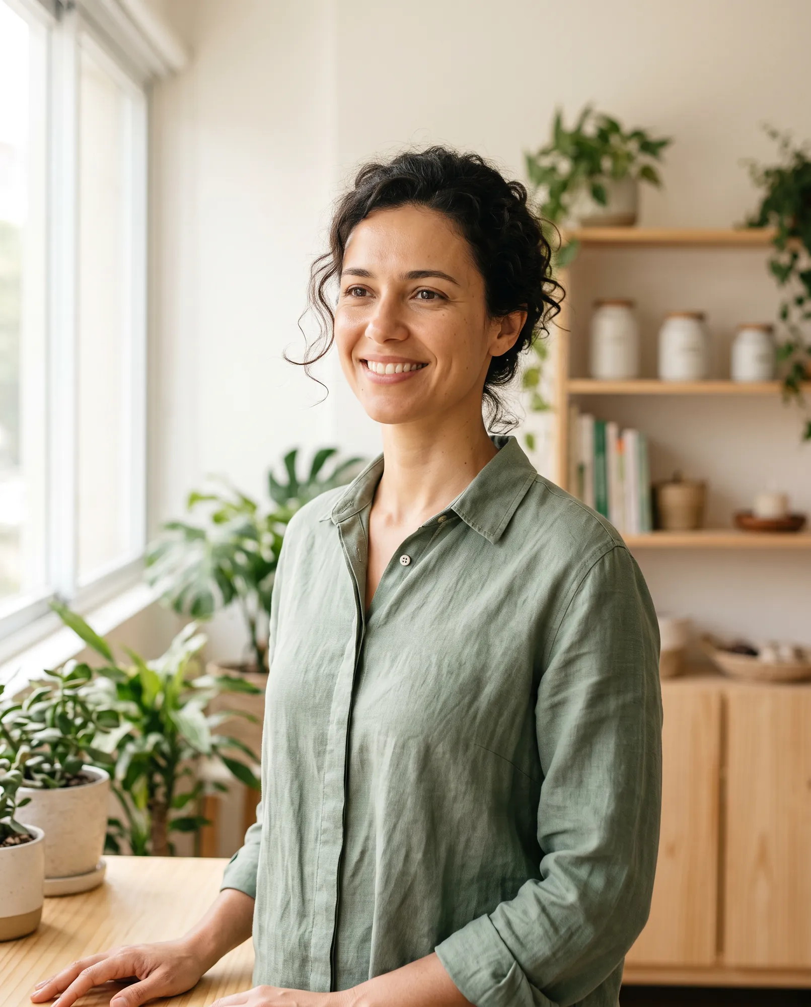 Clara Moura, nutricionista, sorrindo no consultório iluminado por uma janela grande e cheio de plantas