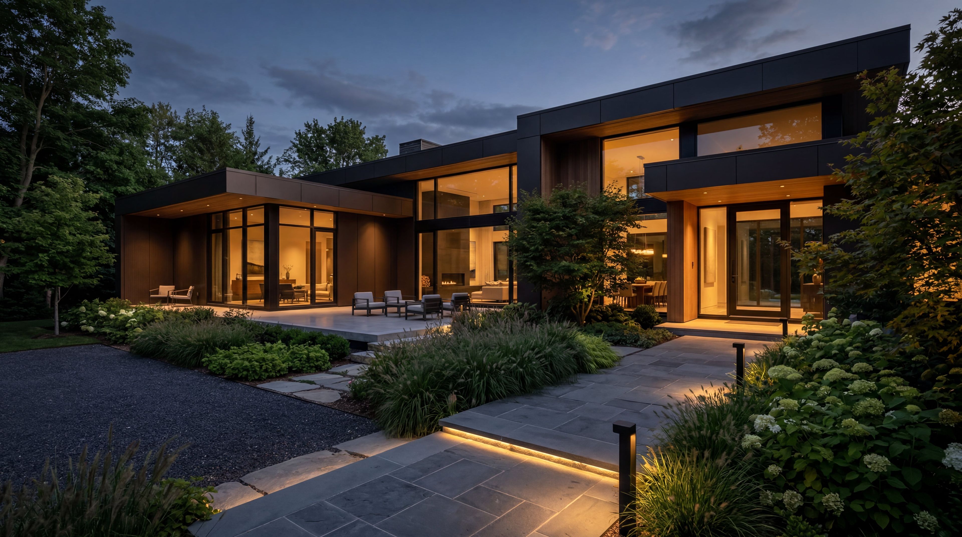 Luxury modern real estate exterior at dusk