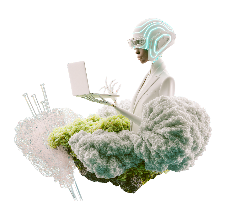 Futuristic Cyborg with Laptop and Organic Elements