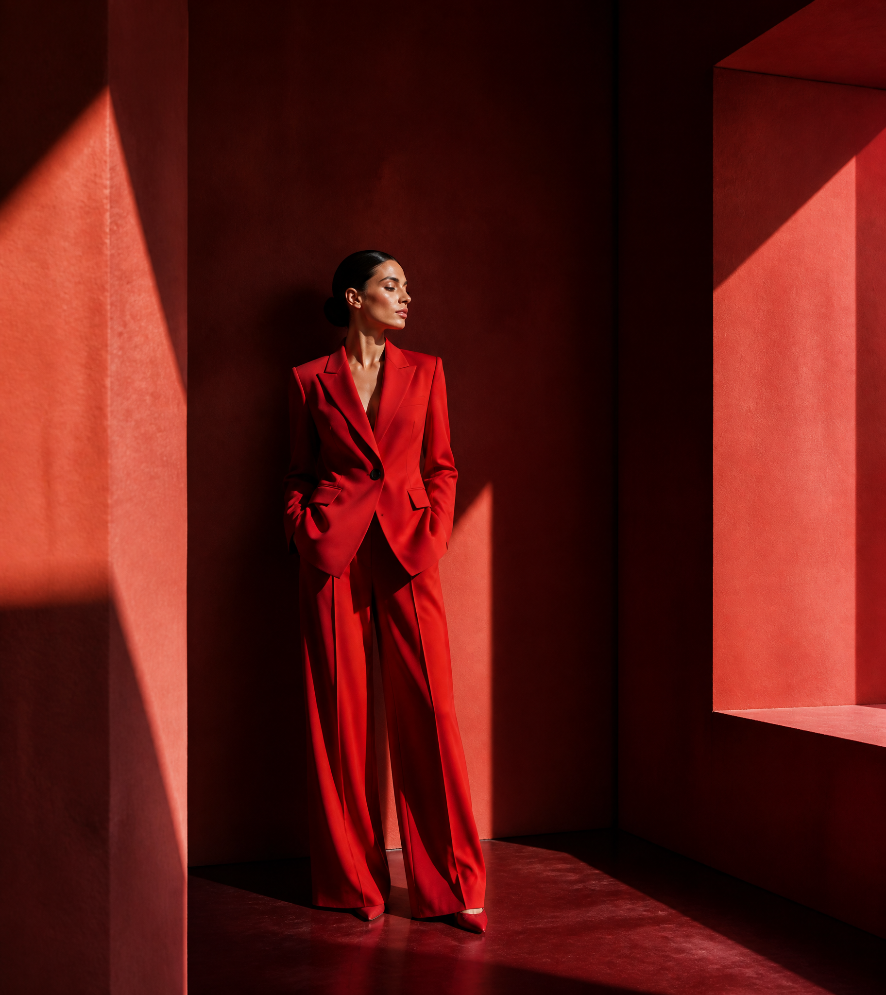 Vermillion tailoring photographed with architectural shadows