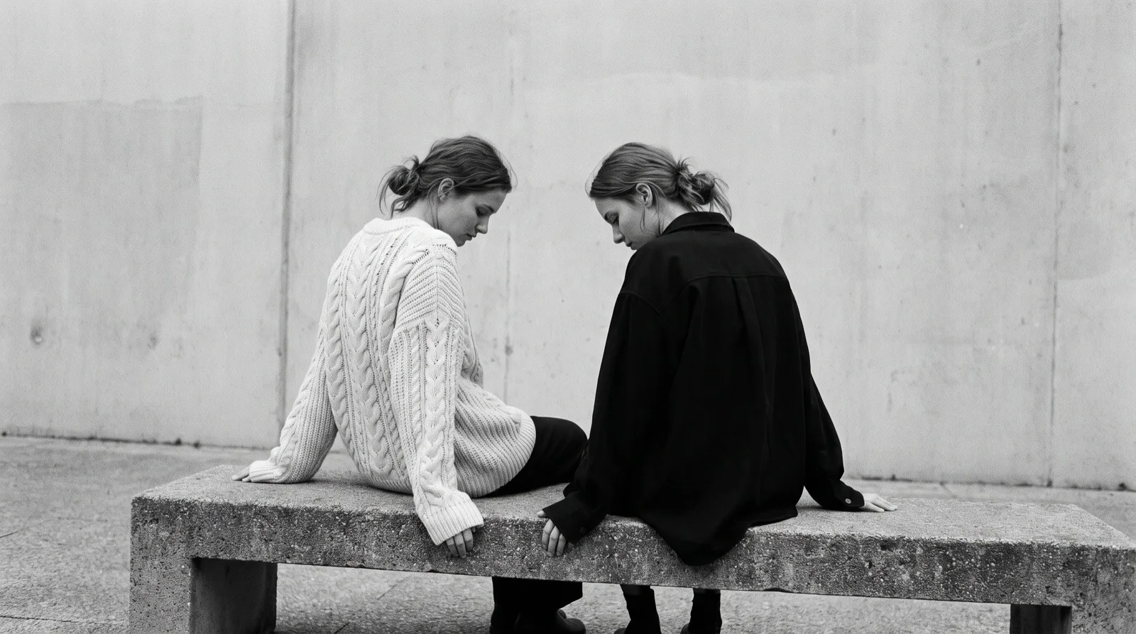 Two models seated on a concrete bench