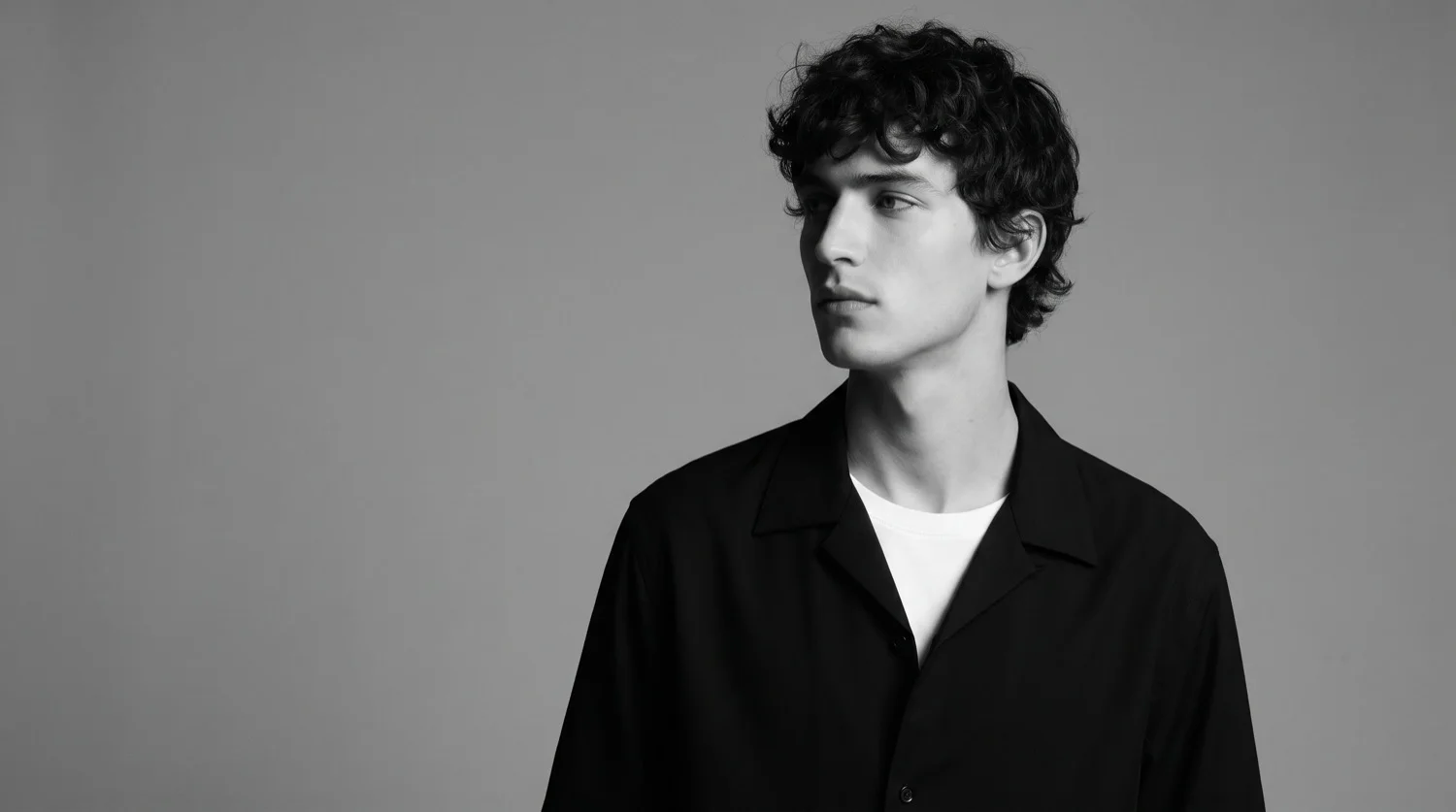 Model in a black open collar shirt, lit from one side