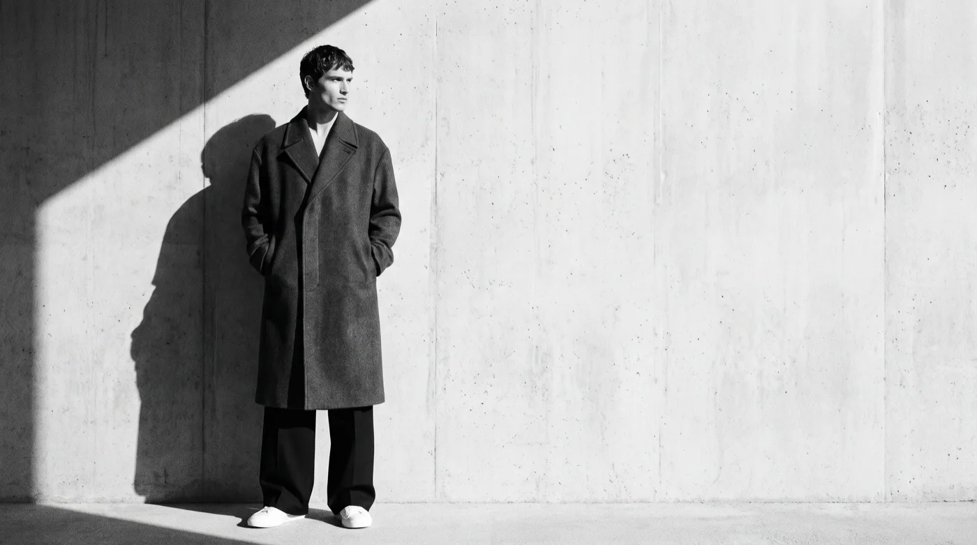 Model against a concrete wall in the overcoat