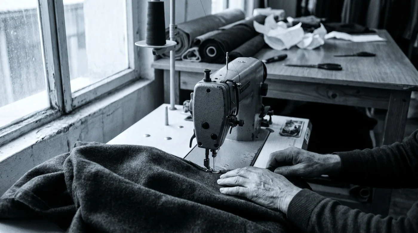 Hands guiding wool under a sewing machine