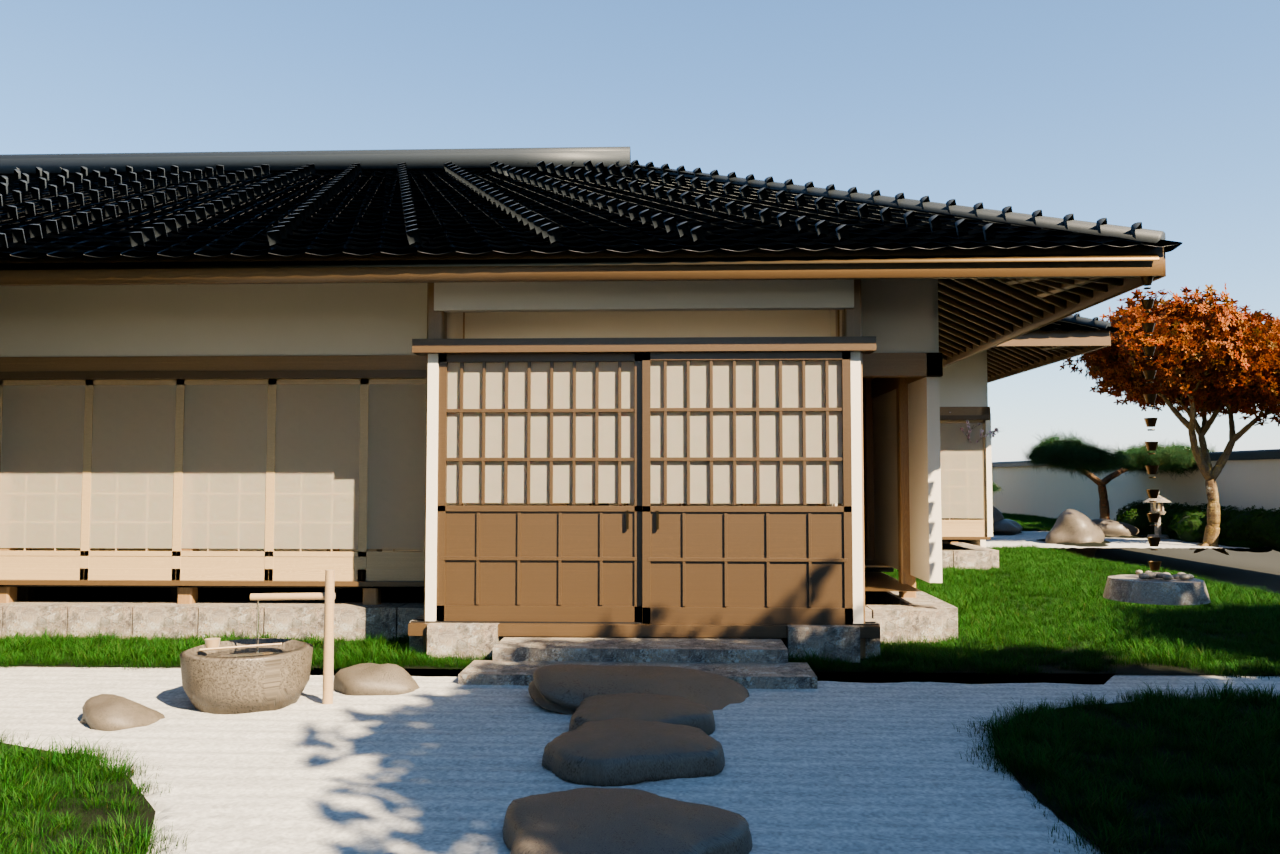 The approach to Seijaku, with a stone path, timber entrance and Japanese garden
