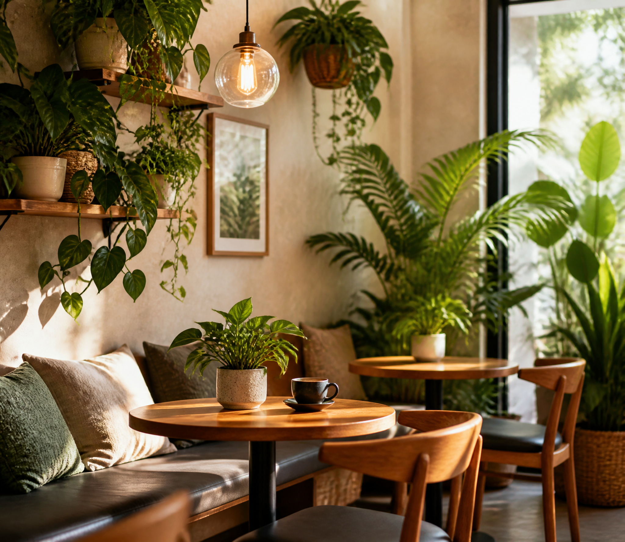 Café seating and plants