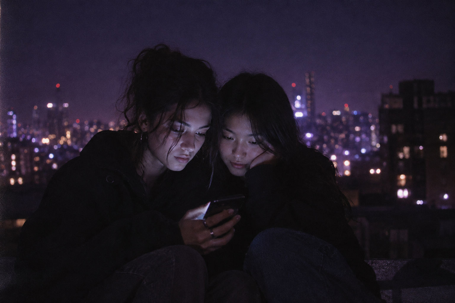 Two friends sharing one phone on a rooftop at night