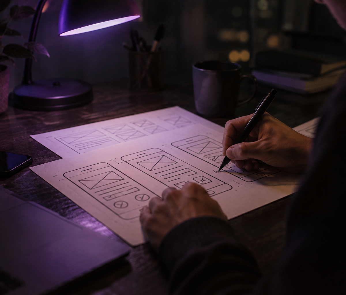 Hands sketching app wireframes at night