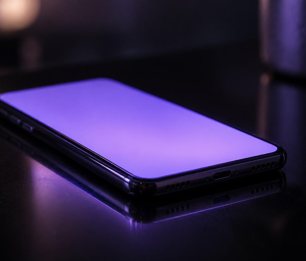 A phone glowing violet on a dark table