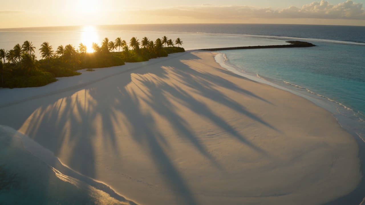 An empty sandbar in low golden light, crossed by long palm shadows