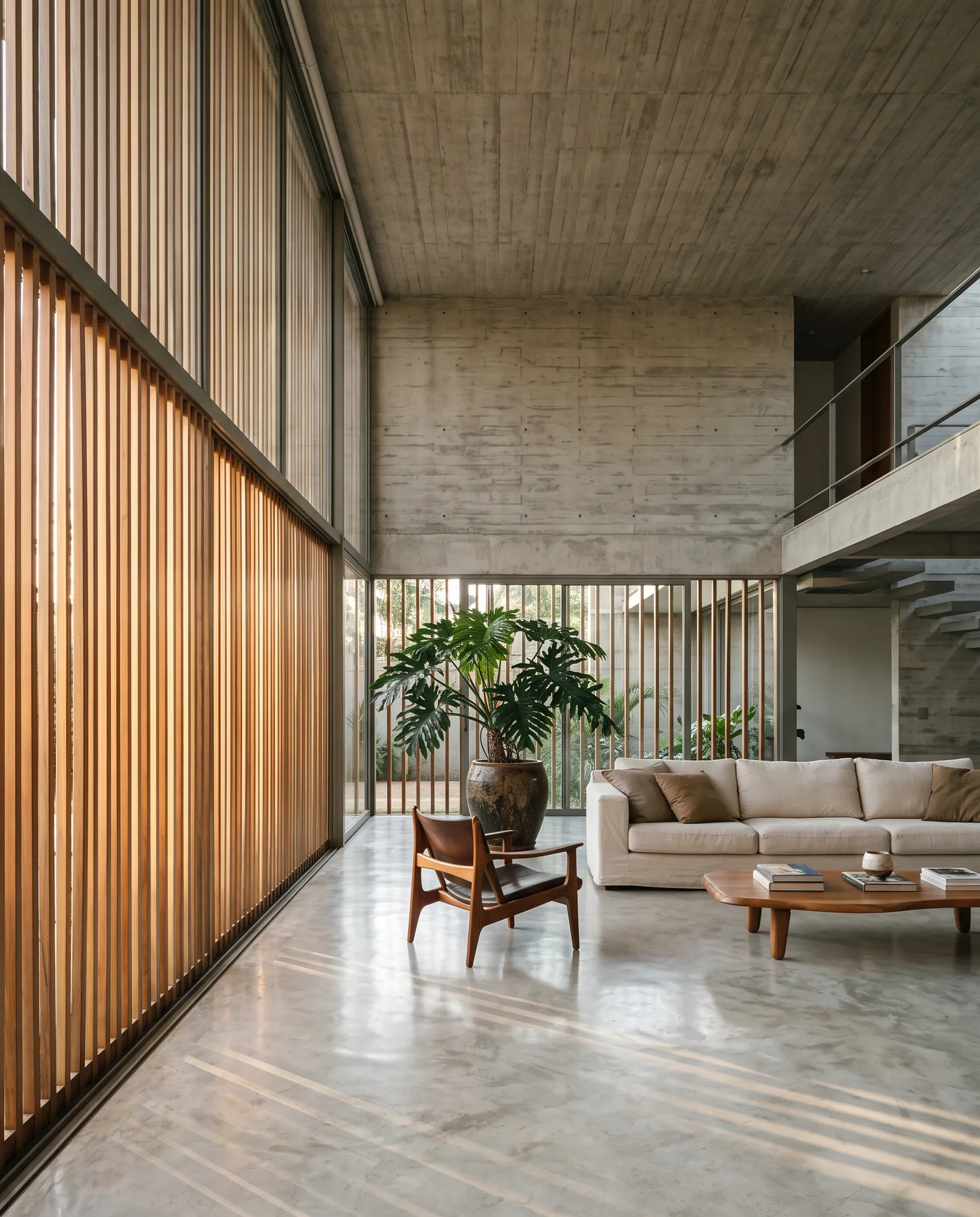 Sala com pé-direito duplo, parede de brise de madeira e luz da tarde em faixas sobre o piso de cimento