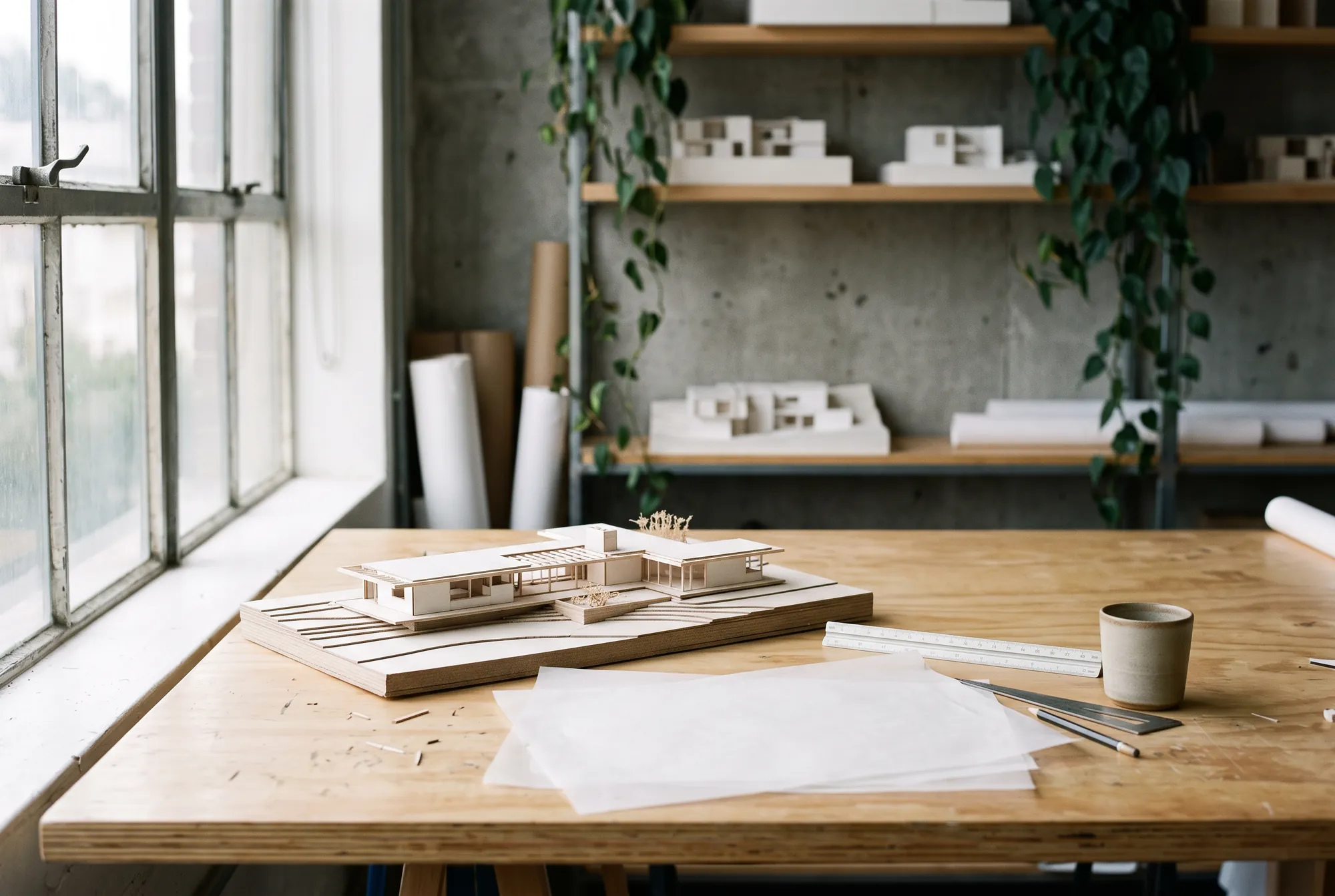 Mesa de trabalho do escritório junto à janela, com maquete branca de uma casa, papel manteiga e escalímetro