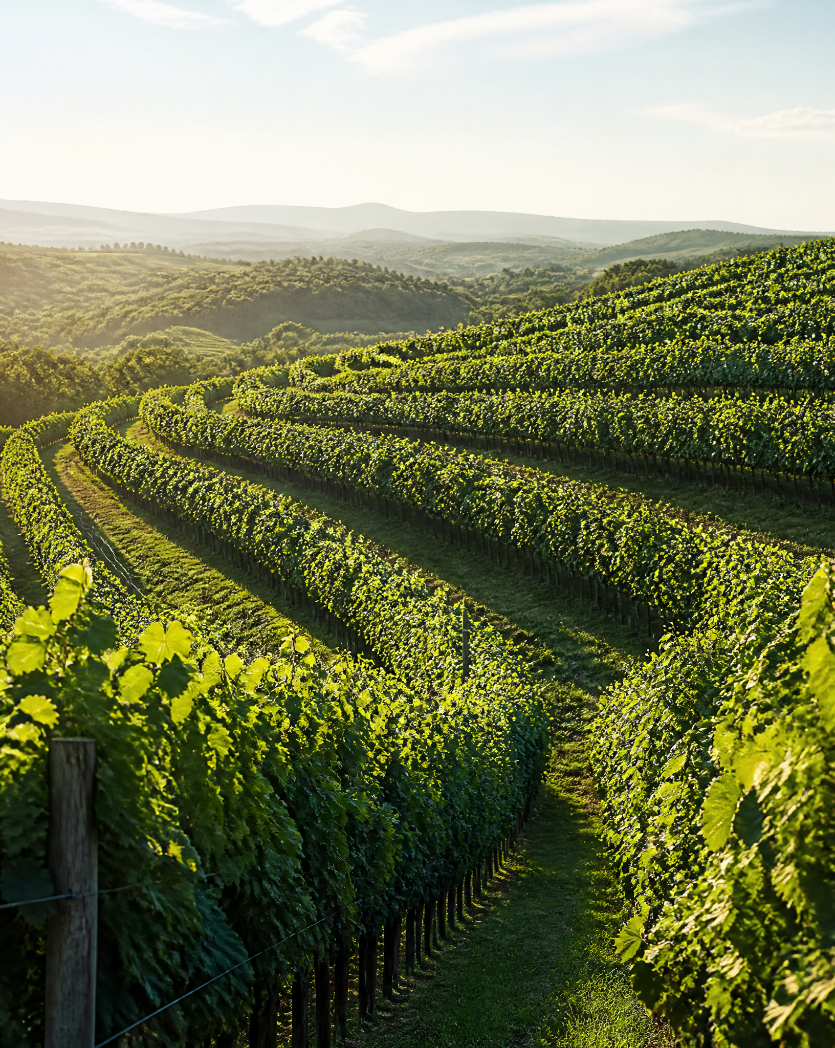 Broad rows of green vines under natural sunlight