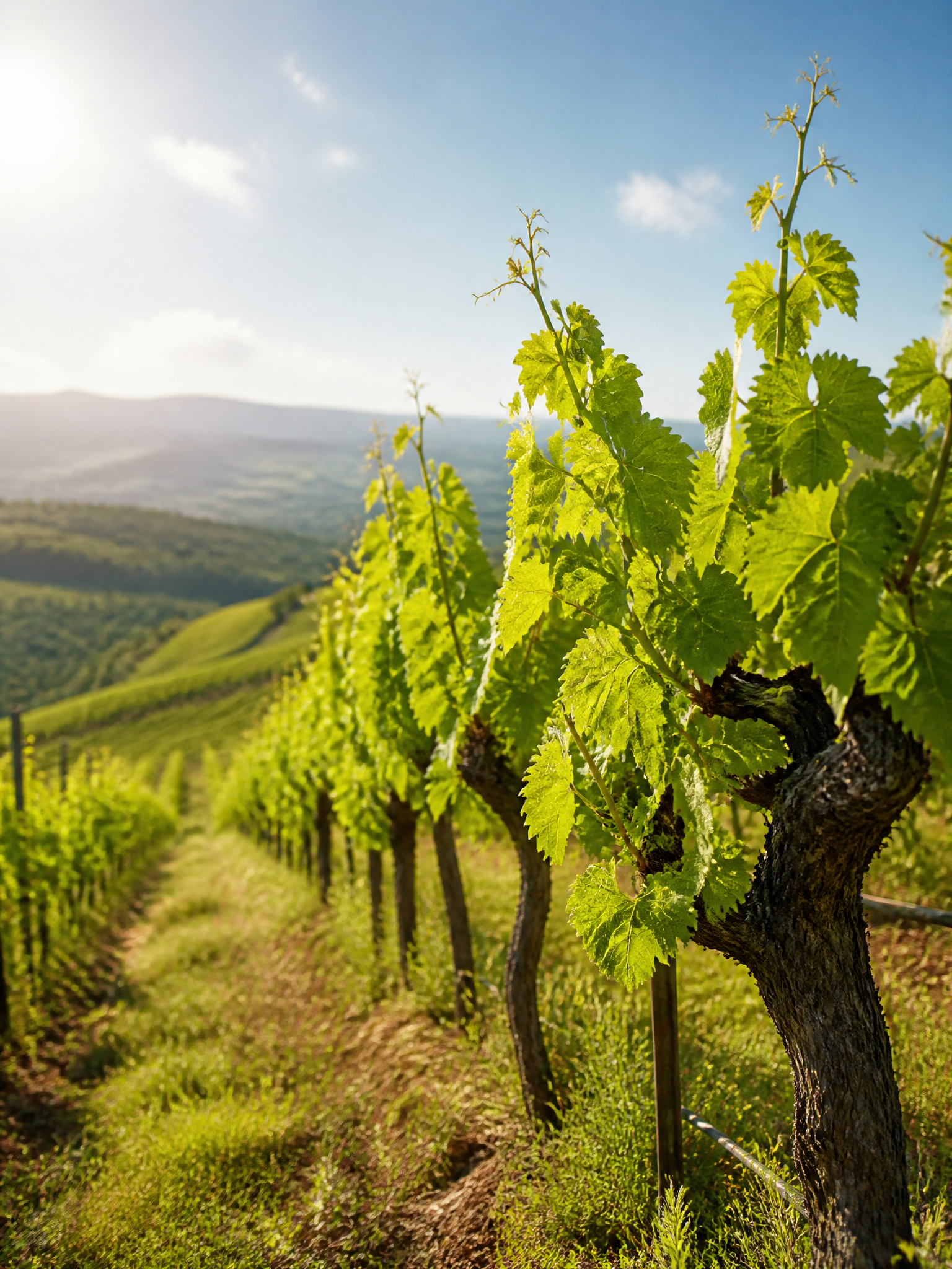 Healthy green vines in a sunlit field