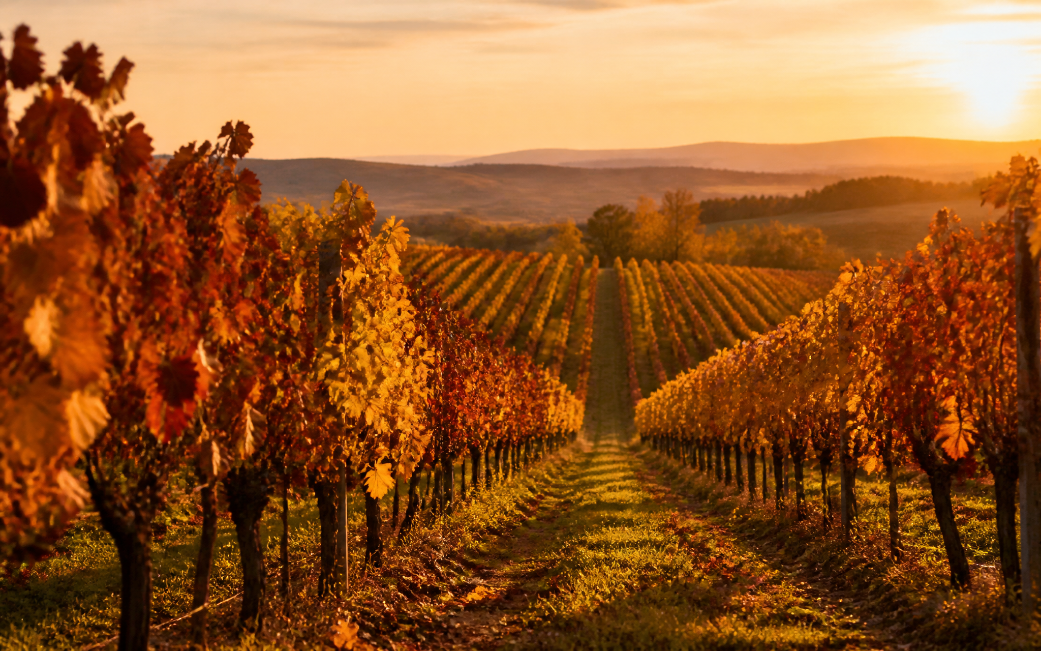 Autumn vineyard rows under warm light