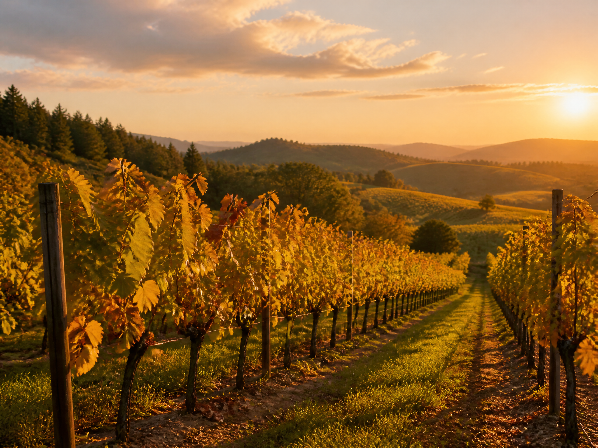 Vineyard rows in warm late-season light