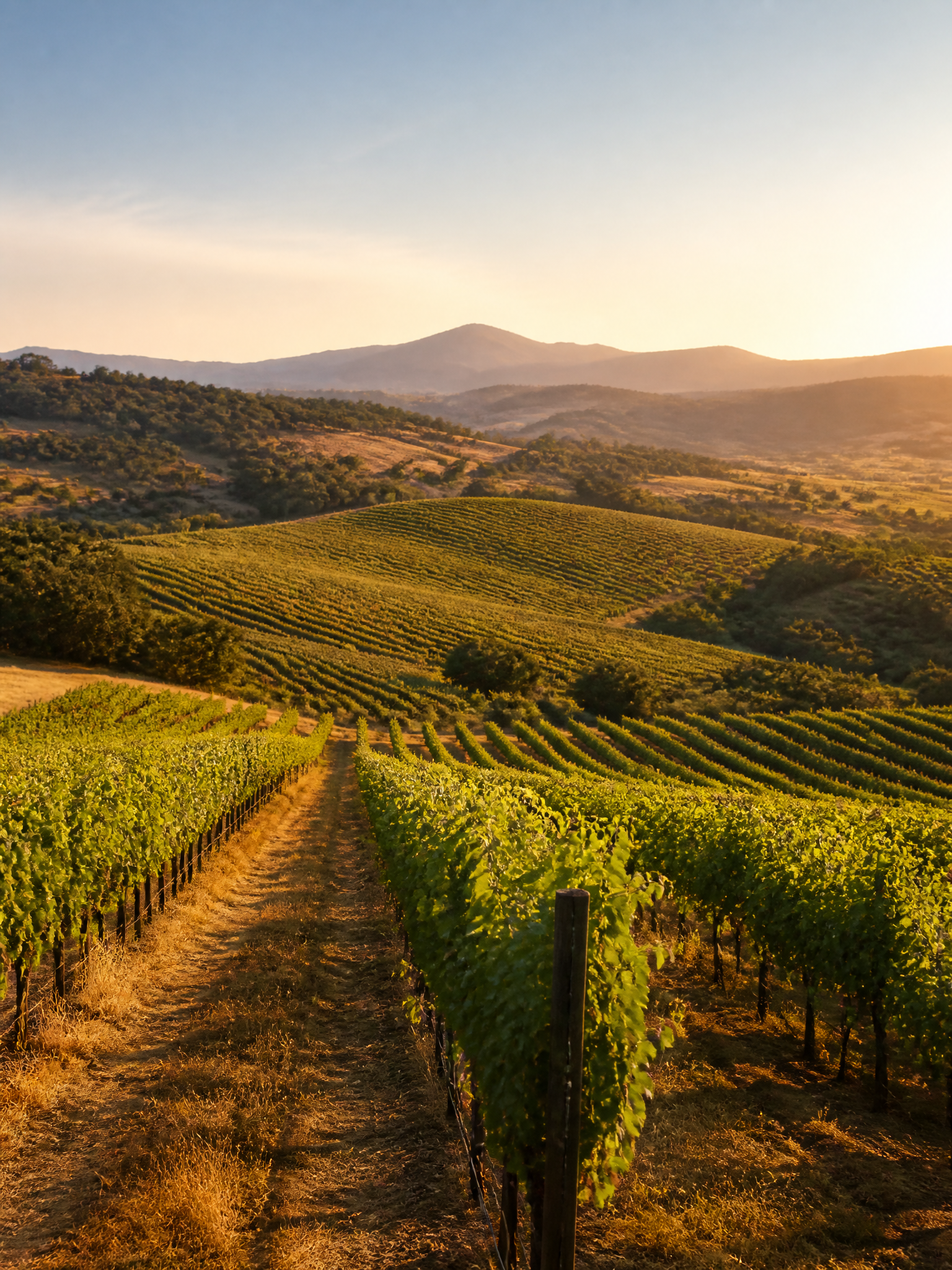 Vineyards extending across a warm rural landscape