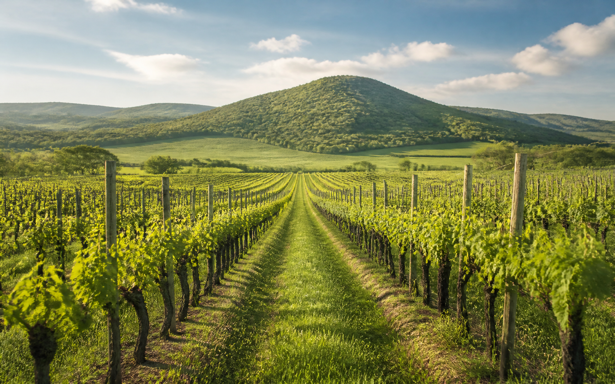 Vineyard rows running toward a distant hill