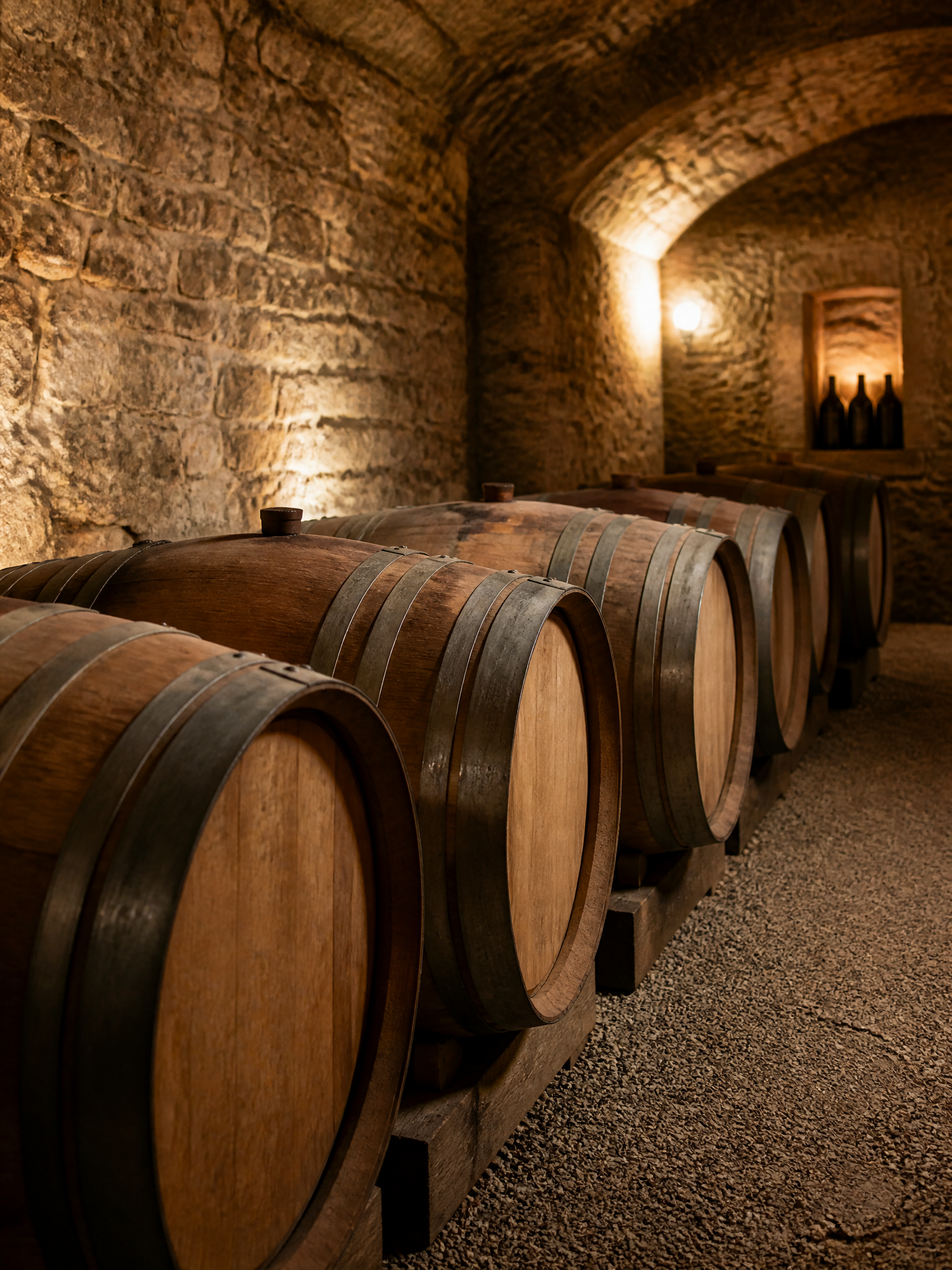 Oak wine barrels resting in the cellar