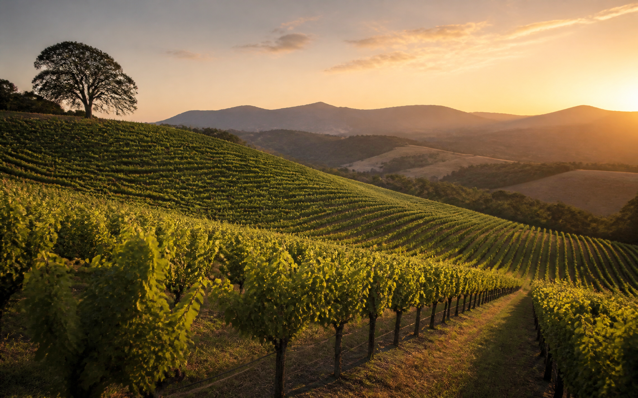 Vineyard landscape in soft golden evening light