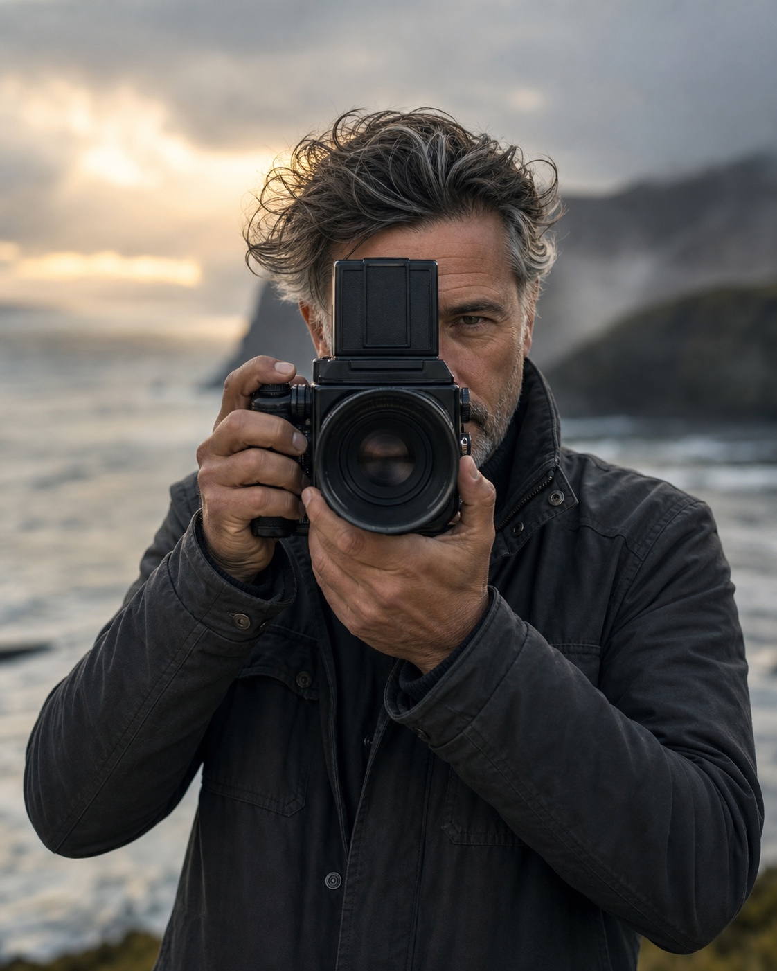 The photographer raises a medium-format camera against a storm-lit coast