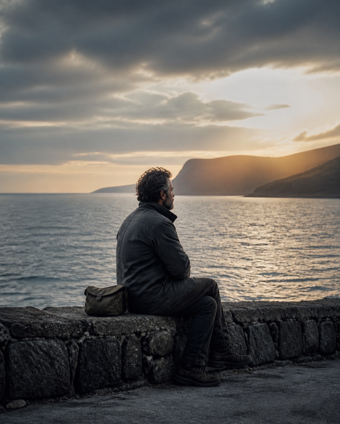 A photographer waits beside the sea for the light to change