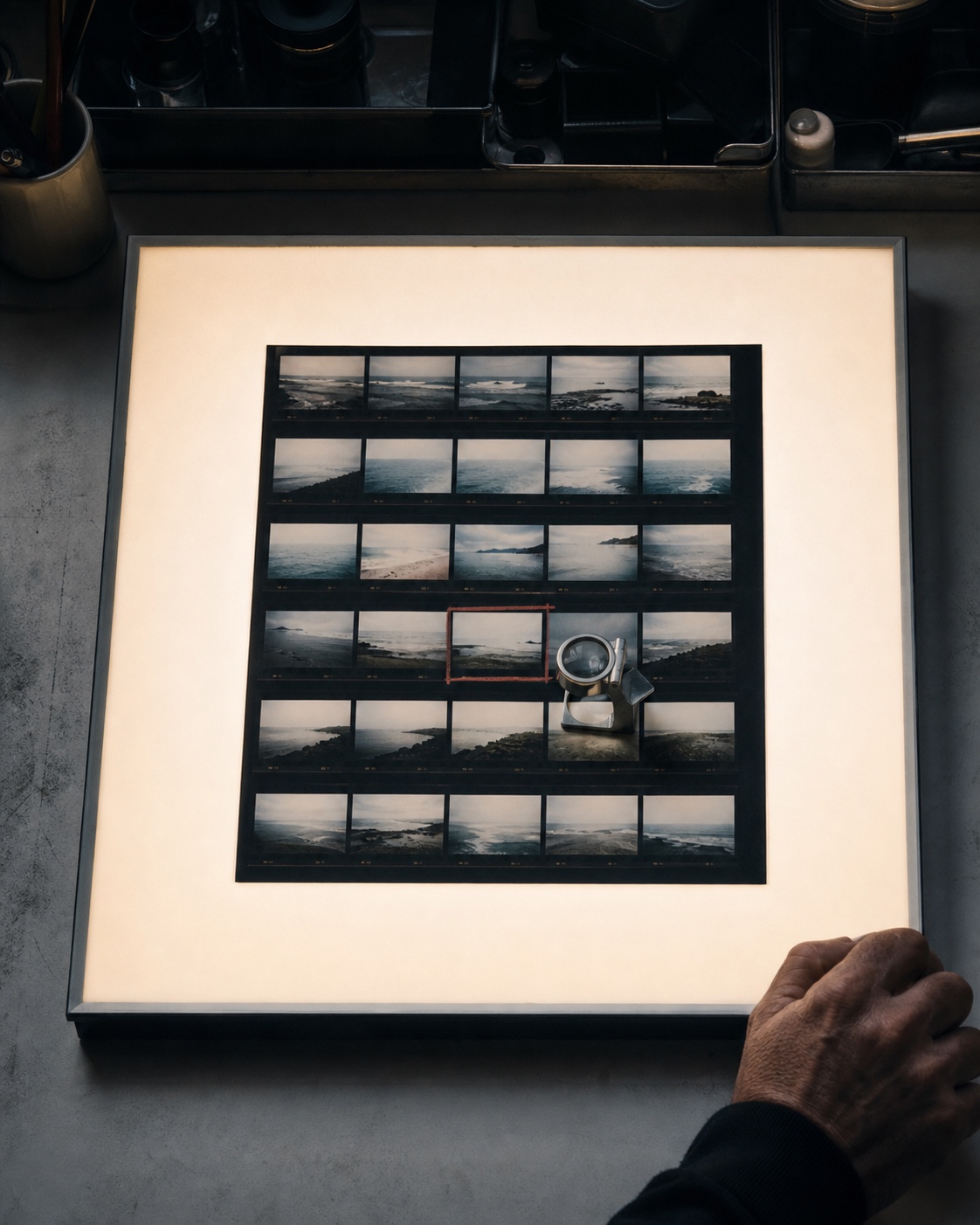 A contact sheet being reviewed on a light table