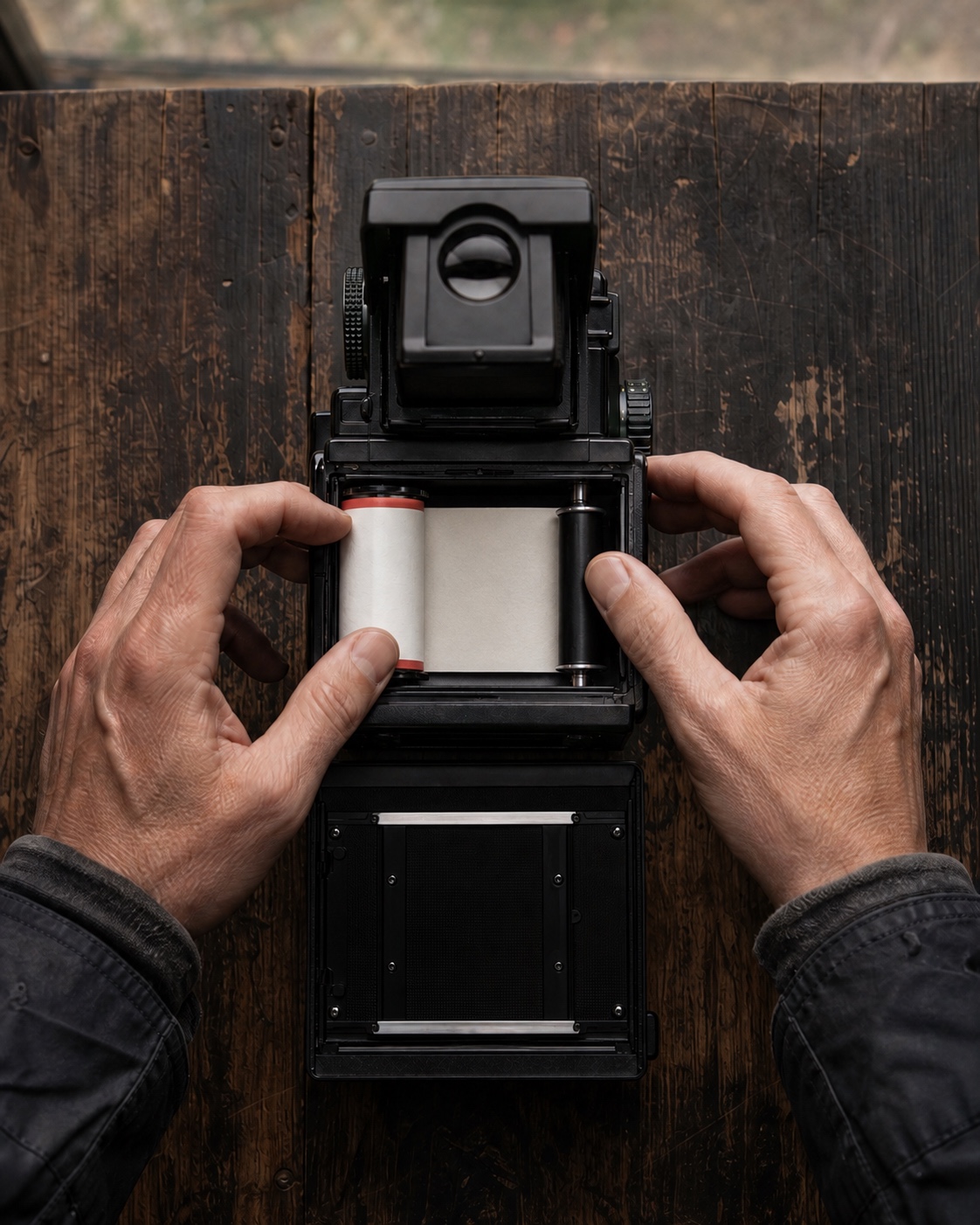 A single roll of medium-format film being loaded into a camera