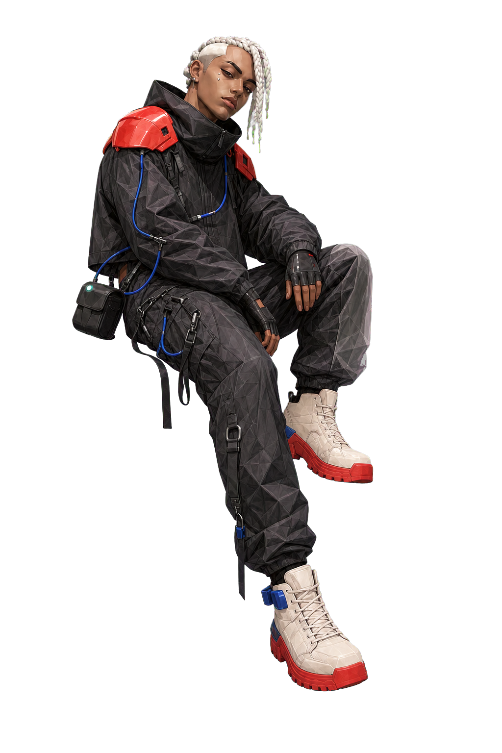 VOID 03 model seated in a suspended editorial pose