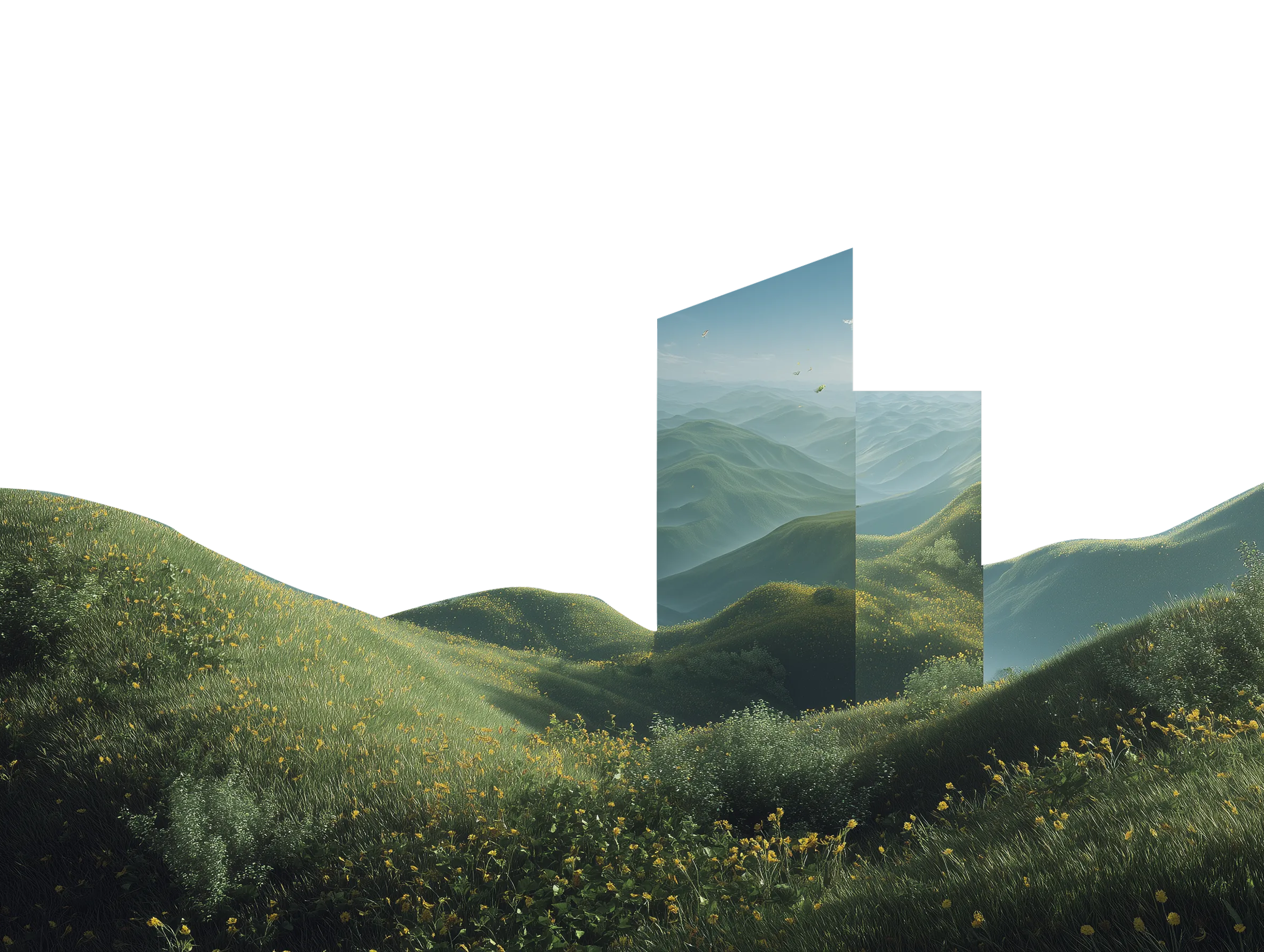 Surreal Mountain Landscape with Monolith Windows