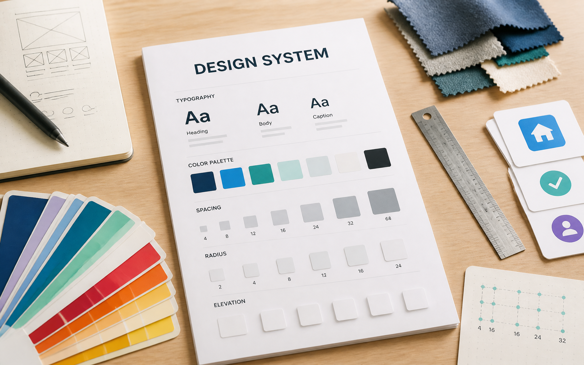 Design system tools and swatches on a desk