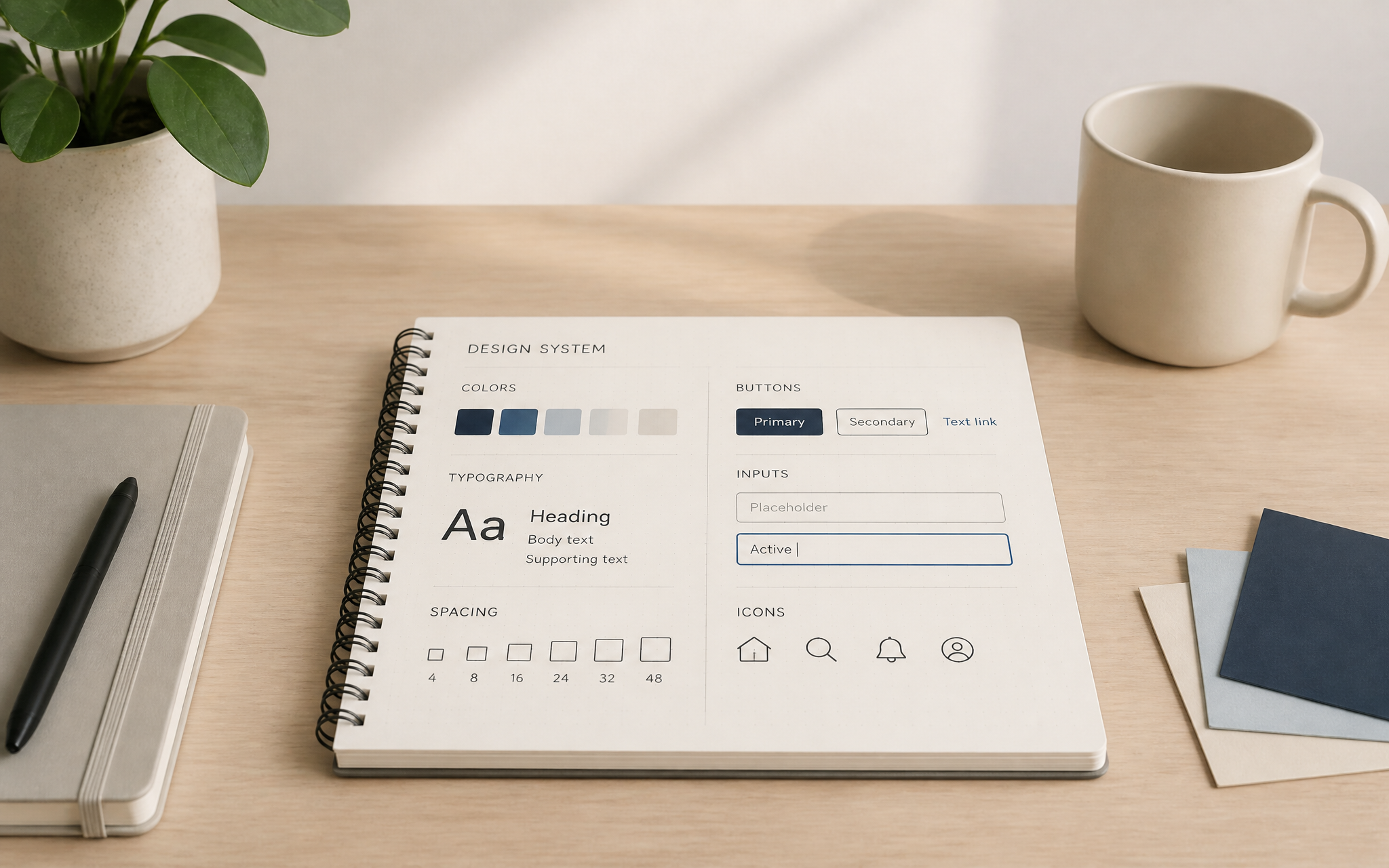 Minimal desk with consistent design system notes
