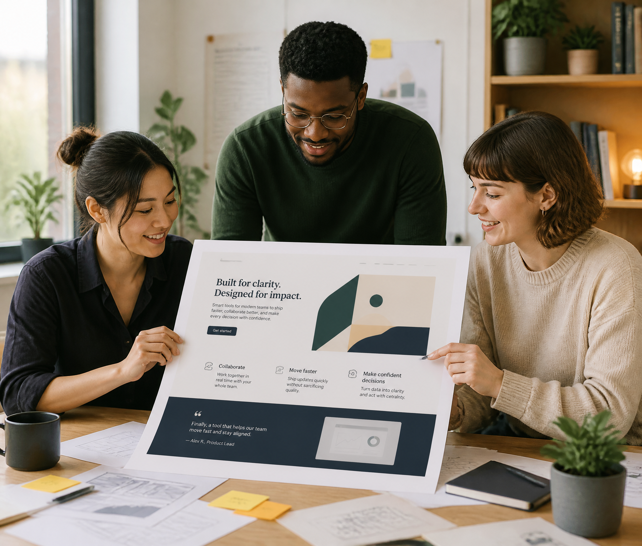 Team reviewing a landing page draft together