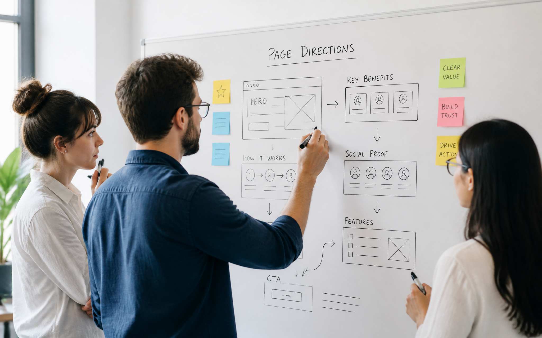 Team sketching page directions on a whiteboard